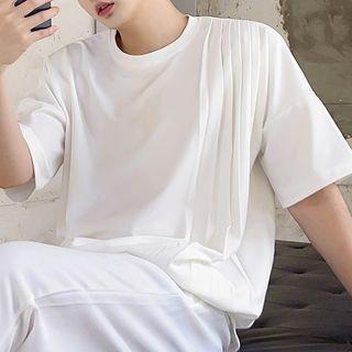 Plain Pleated Short-sleeve Oversized Top