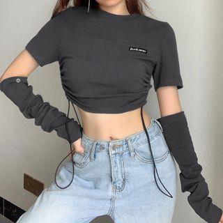 Long-sleeve Detachable Drawstring Cropped T-shirt