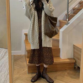 Long-sleeve Floral Print Midi A-line Dress / Cable Knit Cardigan