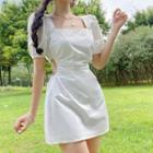 Short-sleeve Square-neck Cutout Mini Sheath Dress