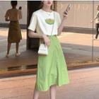 Set: Printed Short-sleeve T-shirt + High-waist Midi A-line Skirt