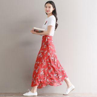 Set: Short-sleeve T-shirt + Floral Chiffon Maxi Dress