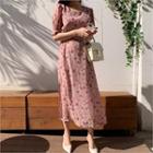 Square-neck Tie-waist Floral Print Dress Pink - One Size