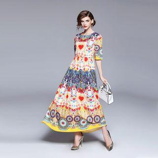 Elbow-sleeve Printed A-line Maxi Dress