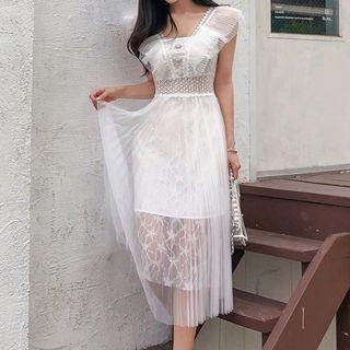 Sleeveless Mesh Paneled Lace A-line Dress