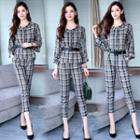 Set: Long Sleeve Plaid Buttoned Top + Cropped Pants