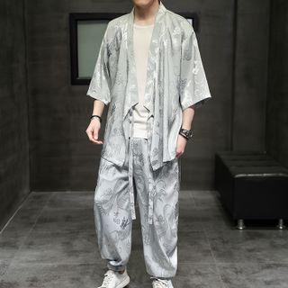 Set: Elbow-sleeve Satin Wrap Blouse + Harem Pants