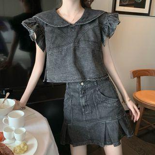 Short-sleeve Denim Blouse / Mini A-line Skirt