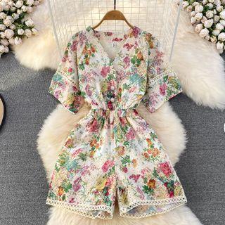 Short Sleeve V-neck Floral Print Romper