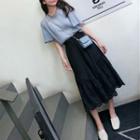 Set: Flower Print Short-sleeve Blouse + Eyelet Lace Midi A-line Skirt