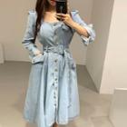 Square-neck Long-sleeve Denim Dress Blue - One Size