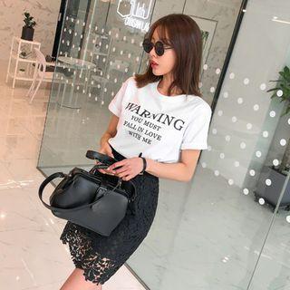 Set: Lettering Short-sleeve T-shirt + Lace A-line Miniskirt