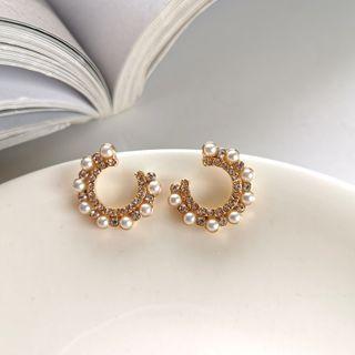Faux Pearl Rhinestone Open Hoop Earring 1 Pair - Gold & White - One Size