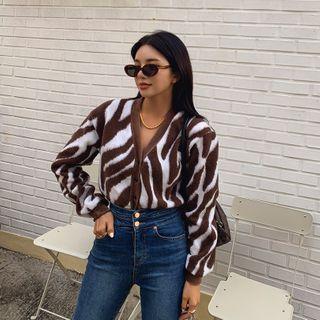 Zebra-pattern Wool Blend Cropped Cardigan