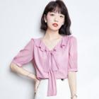Short-sleeve V-neck Ruffle Bow Chiffon Shirt