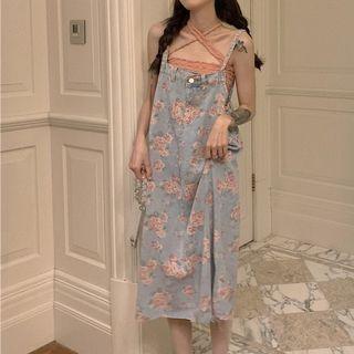 Halter-neck Camisole Top / Floral Print Denim Midi Overall Dress