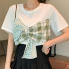 Mock Two-piece Short-sleeve Gingham Bow T-shirt