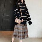 Striped Sweater / Plaid Midi A-line Skirt / Set