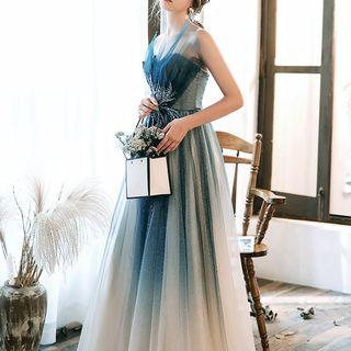 Strapless Rhinestone Mesh Overlay A-line Evening Gown