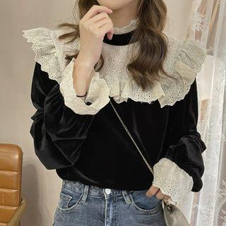 Semi High-neck Lace Panel Long-sleeve Top Black - One Size