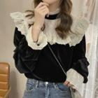 Semi High-neck Lace Panel Long-sleeve Top Black - One Size