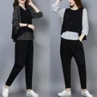 Set: Long-sleeve Dotted Top + Cropped Tank Top + Harem Pants