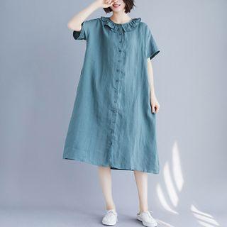 Short-sleeve Ruffle Trim Button Midi Shift Dress