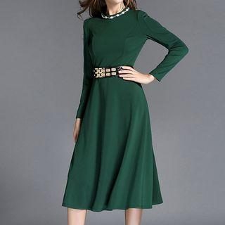 Long-sleeve Belt-waist Midi Dress