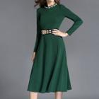 Long-sleeve Belt-waist Midi Dress