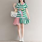 Short Sleeve Toucan Print Striped Collared Dress