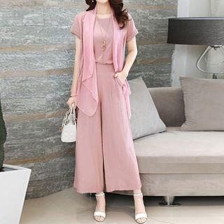 Set Of 3: Plain Short-sleeve Light Jacket + Tank Top + Wide-leg Pants