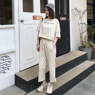 Sports Set: Elbow-sleeve Lettering Top + Cropped Wide-leg Pants