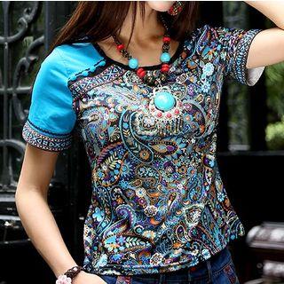 Ethnic Print Short-sleeve Round-neck Top