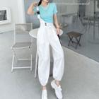 Short-sleeve Chained T-shirt / Buckled Asymmetrical Jumper Pants