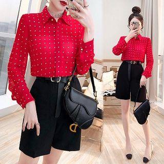 Set: Rhinestone Shirt + Belted High-waist Shorts