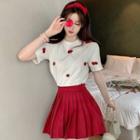 Short-sleeve Bow T-shirt / Pleated A-line Skirt