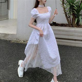 Puff-sleeve Square-neck Irregular Lace Midi A-line Dress