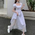 Puff-sleeve Square-neck Irregular Lace Midi A-line Dress