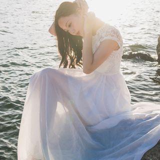 Embroidered Cap-sleeve A-line Maxi Dress