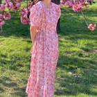 Floral Short-sleeve A-line Maxi Dress Pink - One Size