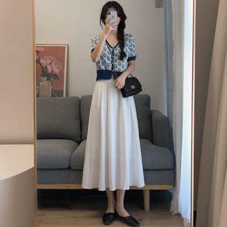 Short-sleeve Patterned Cardigan / Midi A-line Skirt / Set