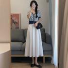 Short-sleeve Patterned Cardigan / Midi A-line Skirt / Set