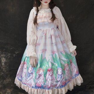 Rabbit Print Spaghetti Strap A-line Dress / Ruffle Trim Blouse