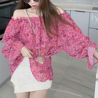 Chiffon Floral Off-shoulder Long-sleeve Shirt