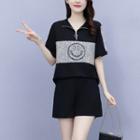 Set: Short-sleeve Printed Half-zip Top + Shorts