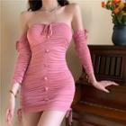 Off-shoulder Plain Drawstring Dress