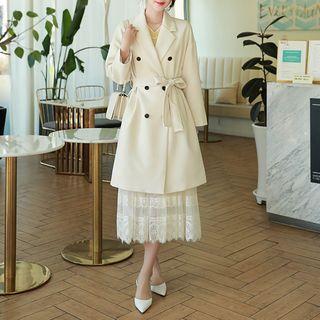 Drop-shoulder Double-breasted Coat With Sash