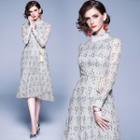 Mock-turtleneck Ruffle Hem Long-sleeve Midi A-line Lace Dress