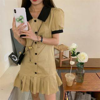 Puff-sleeve Button-up Two-tone Pleated Dress Khaki - One Size