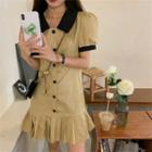 Puff-sleeve Button-up Two-tone Pleated Dress Khaki - One Size